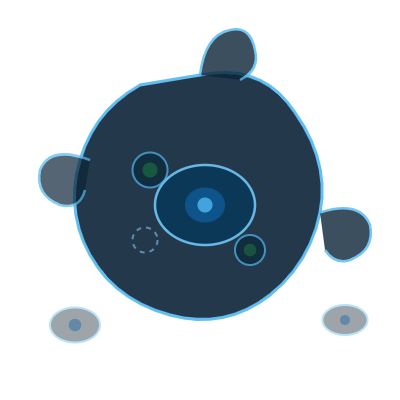 An abstract illustration of a dark blue, round creature with concentric circle eyes and ears.