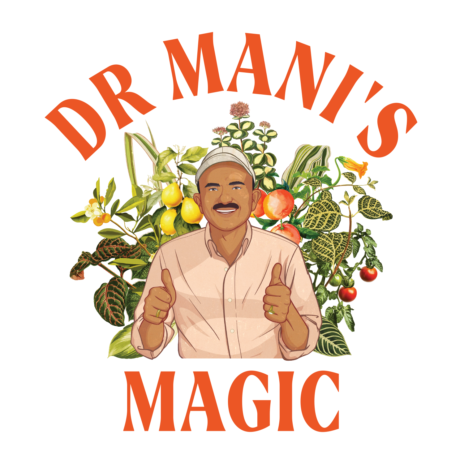 Logo for Dr Mani's Magic, showing a smiling man giving two thumbs up, surrounded by plants and vegetables.