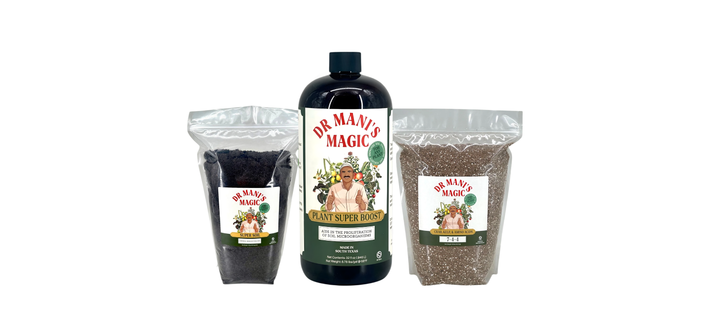 A bottle of Dr. Mani's Magic Plant Super Boost flanked by two bags of soil amendments.