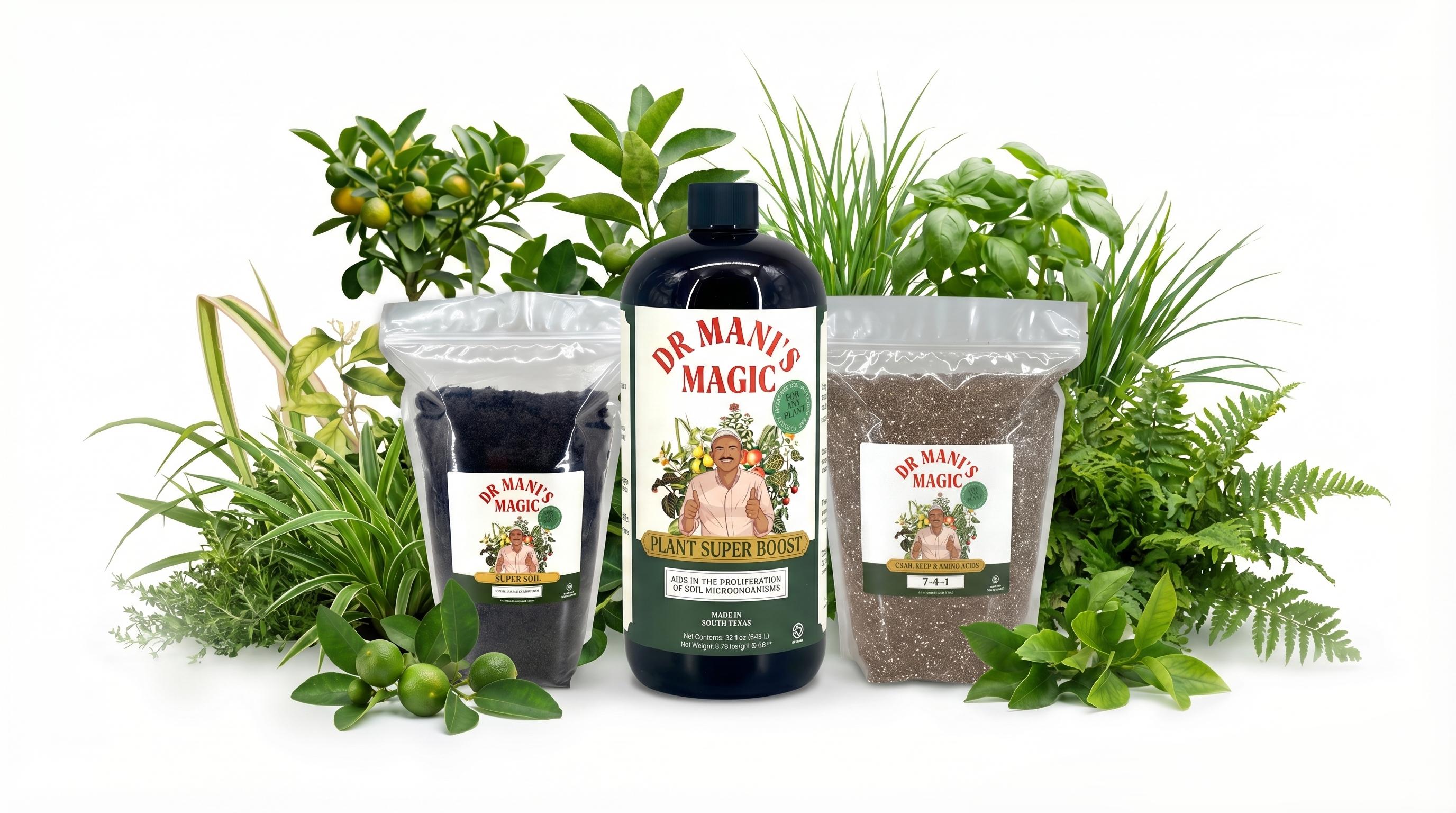 A bottle and two bags of Dr. Mani's Magic plant care products surrounded by assorted green plants.