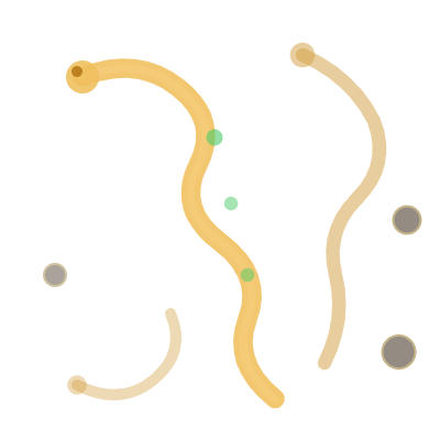 An abstract graphic with wavy yellow lines, green dots, and gray circles on a white background.