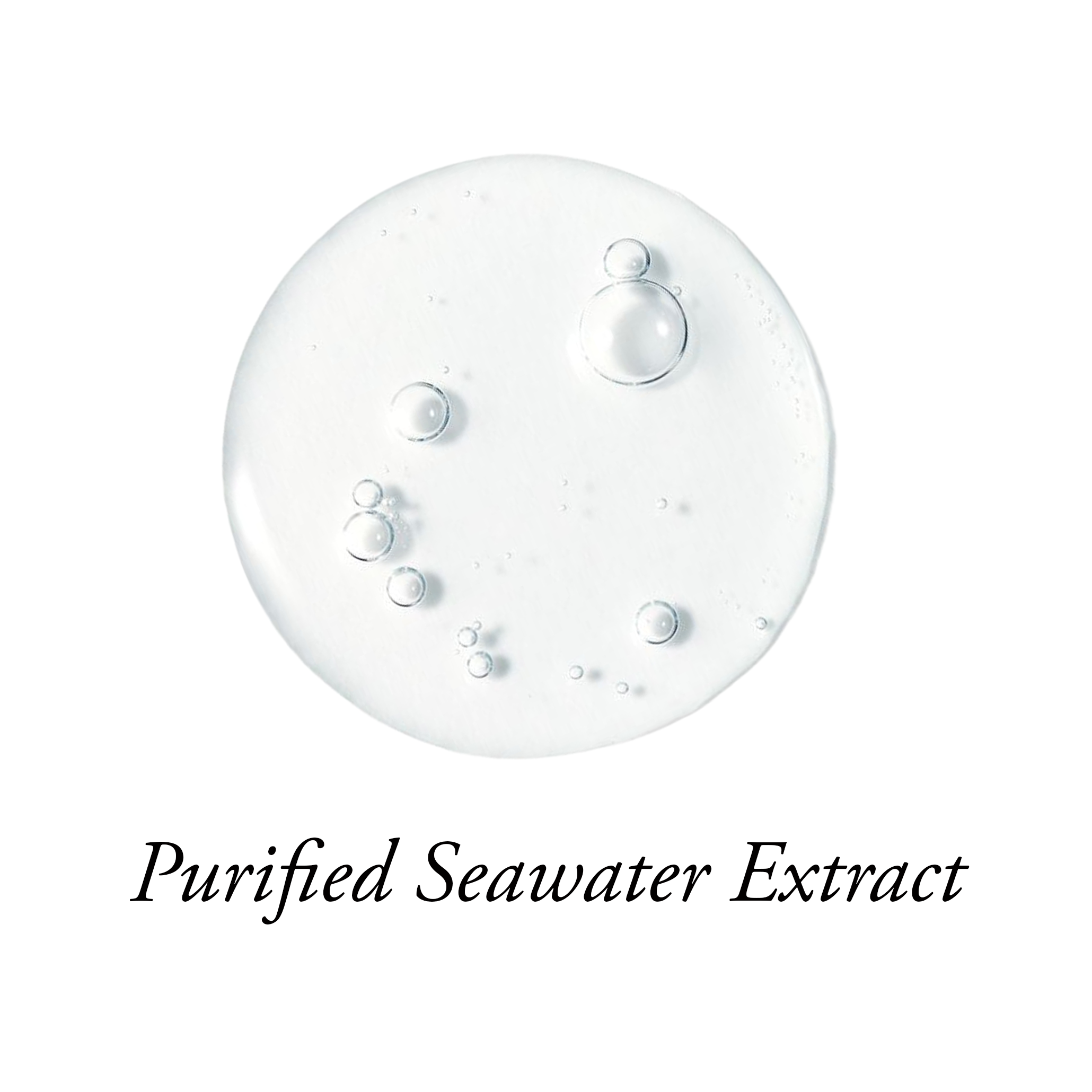 A circular swatch of clear liquid with bubbles over the text 'Purified Seawater Extract' on a white background.