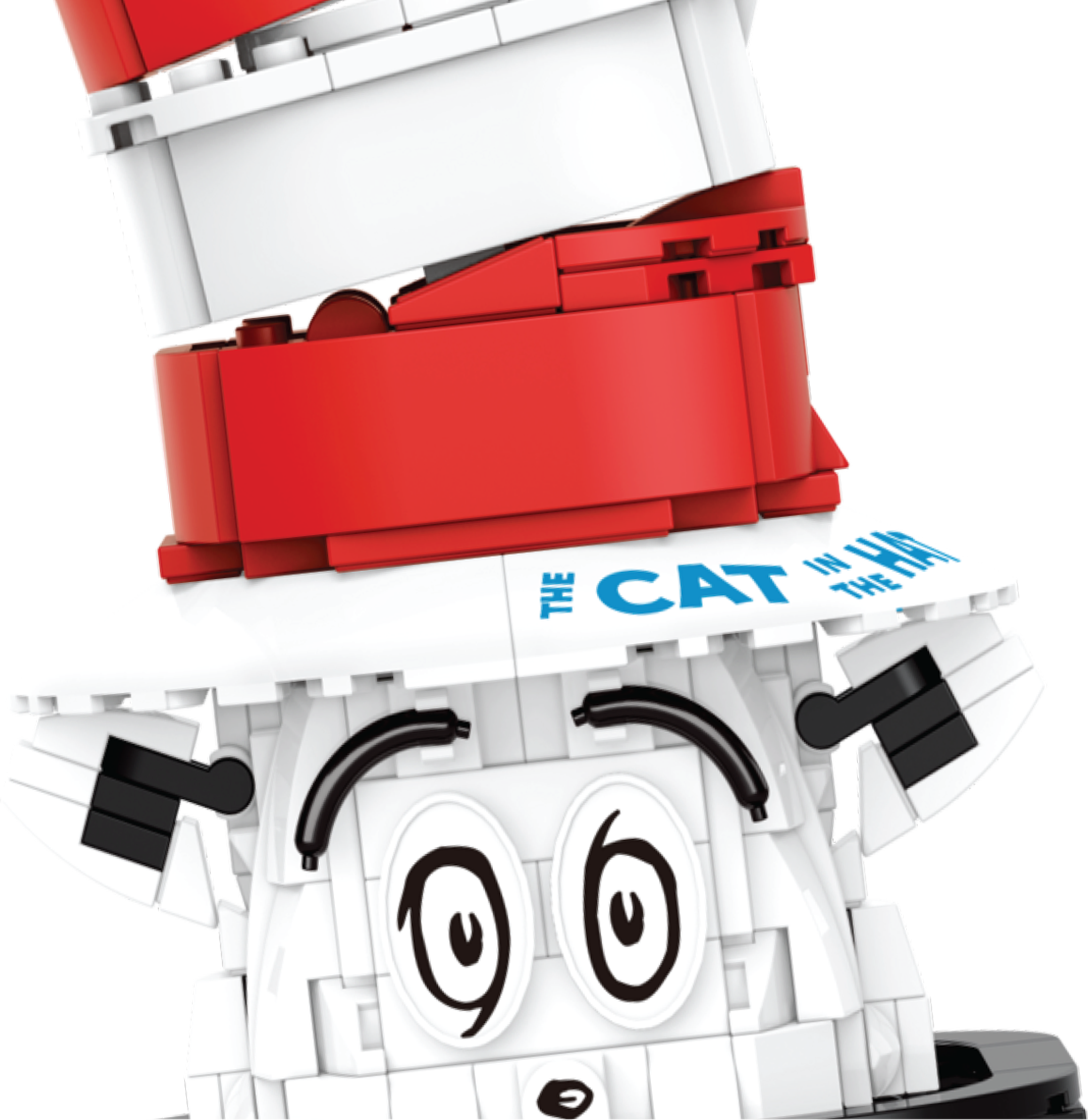 Lego model of 'The Cat in the Hat' with a red and white striped hat.