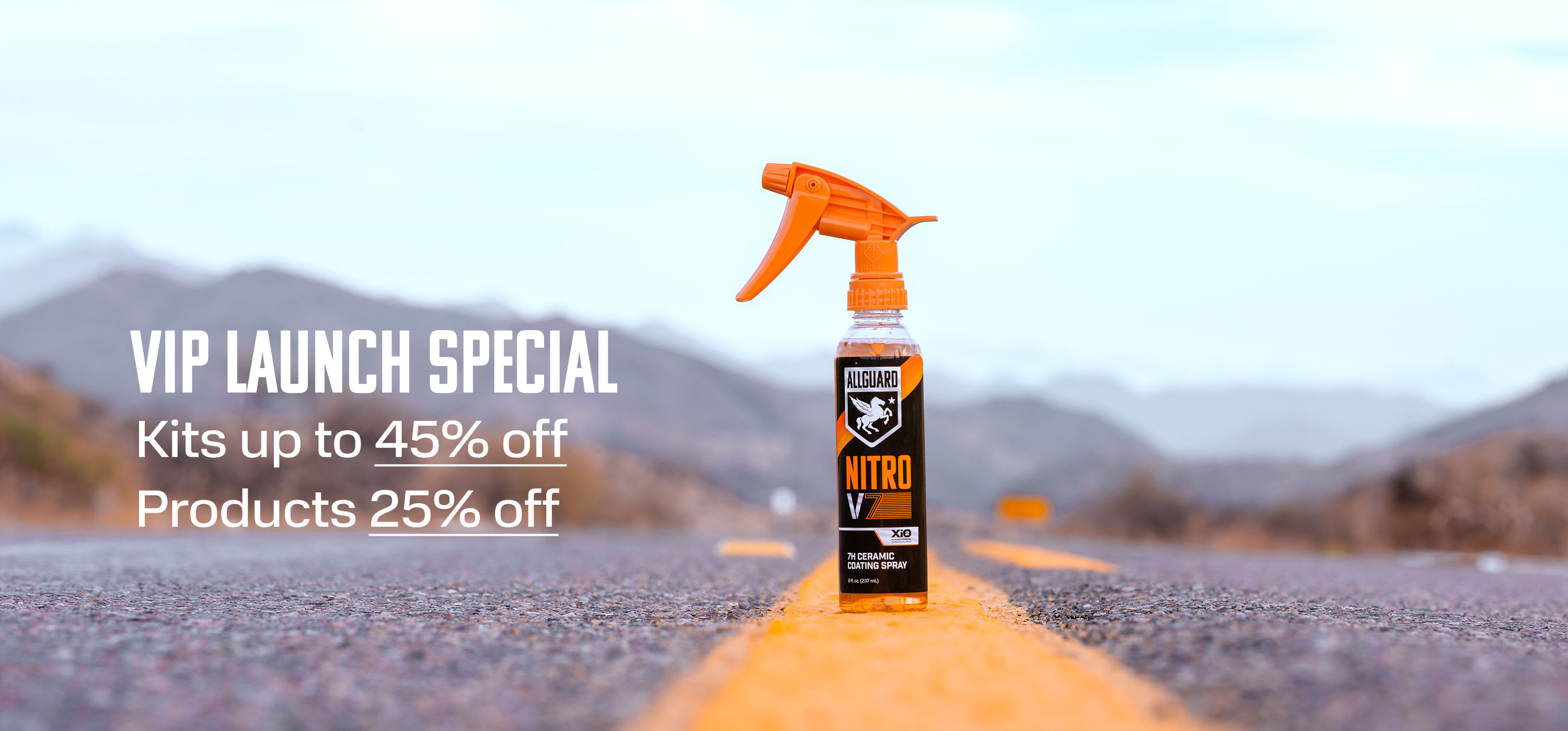 Spray bottle on road with VIP launch discount text.