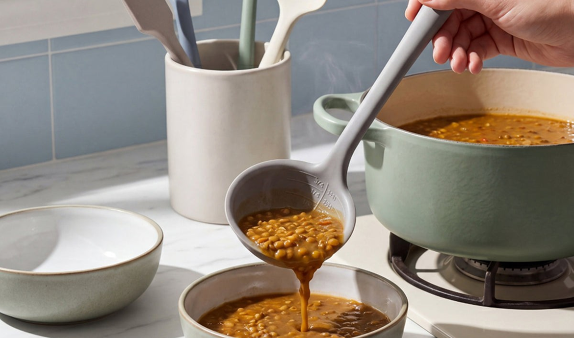 A person uses a grey ladle to pour steaming lentil soup from a pot into a ceramic bowl.