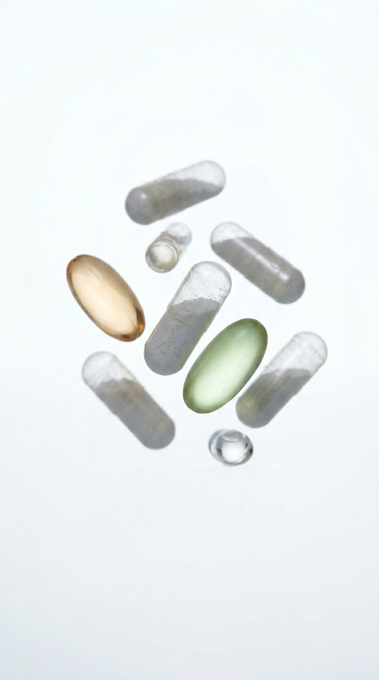 A collection of various supplement capsules and softgels scattered on a white background.