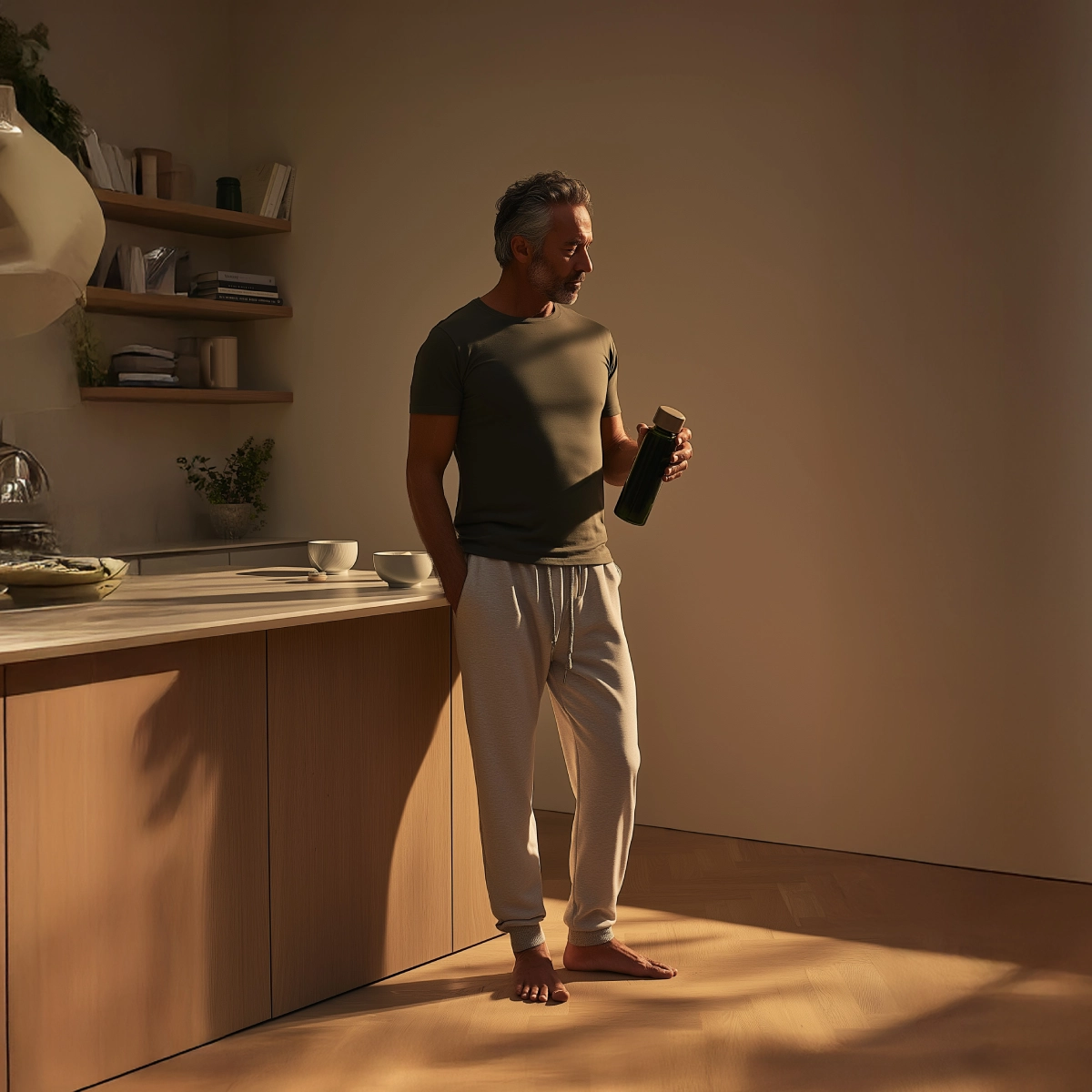 Man standing in a kitchen holding a bottle, with sunlight streaming in.