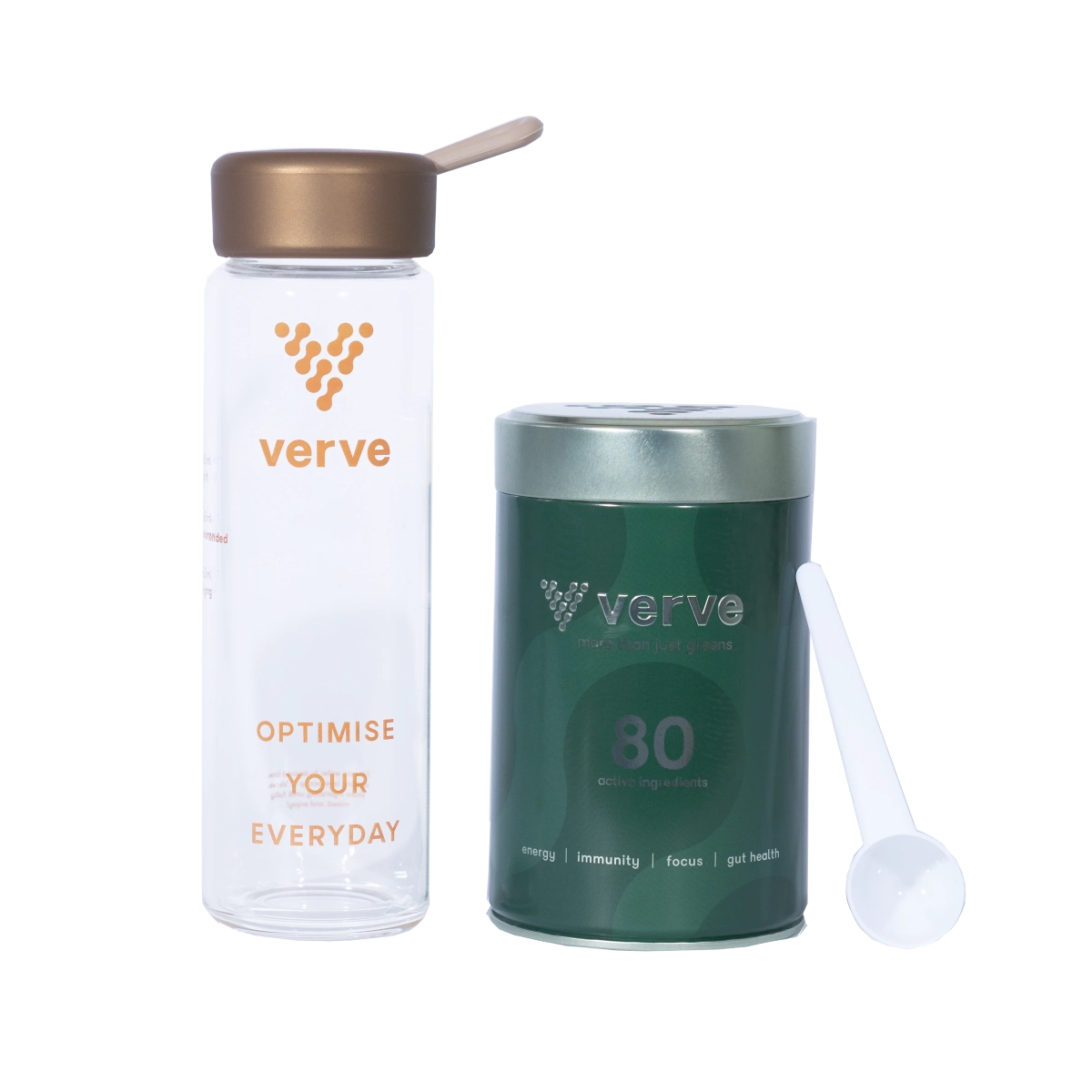 Clear bottle, green container, and white scoop on a plain background.