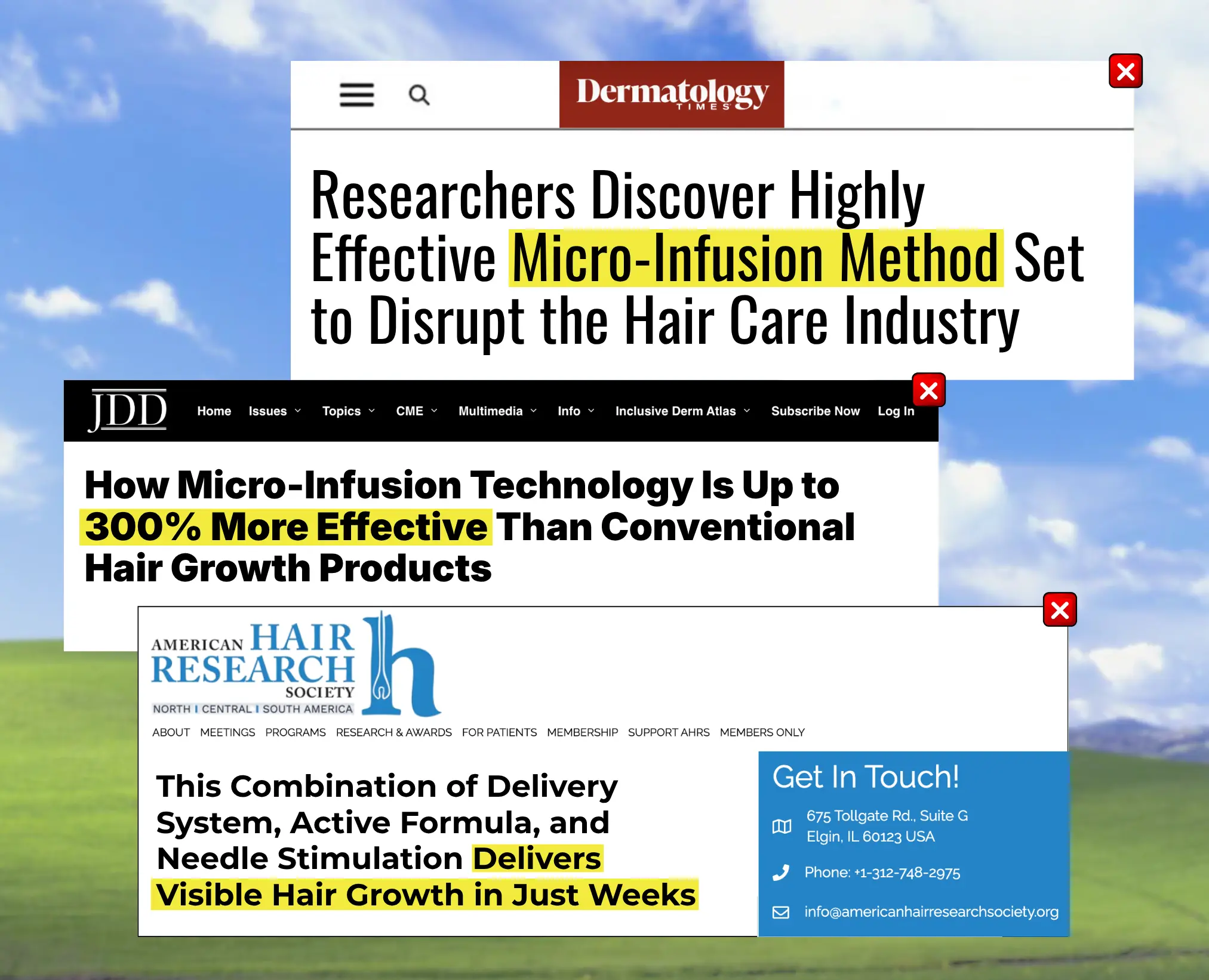A collage of screenshots from publications discussing a highly effective hair growth treatment method.