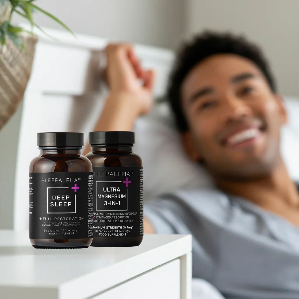 Two supplement bottles on a table with a smiling person in the background.