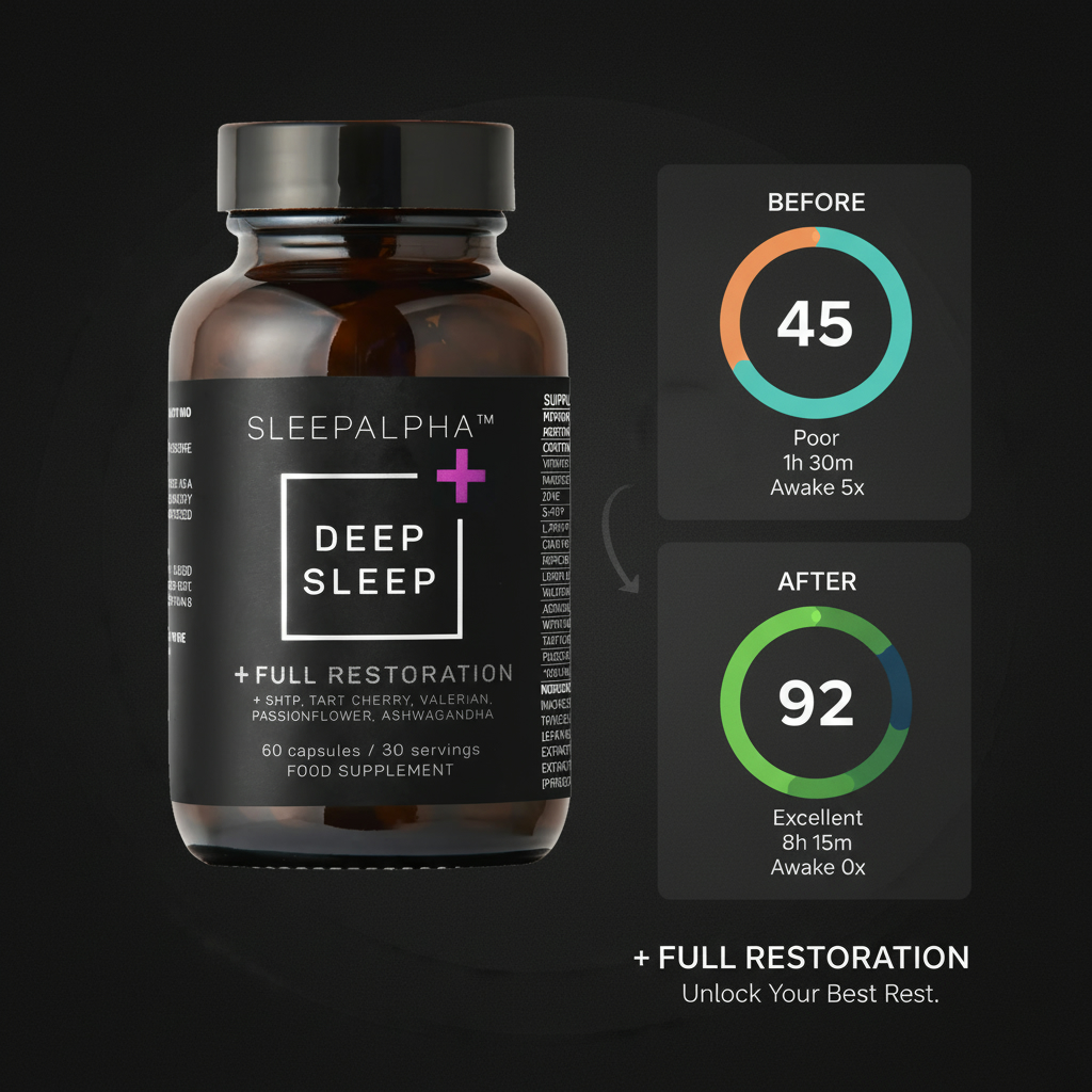 Bottle of SleepAlpha Deep Sleep supplement with before and after sleep quality scores.
