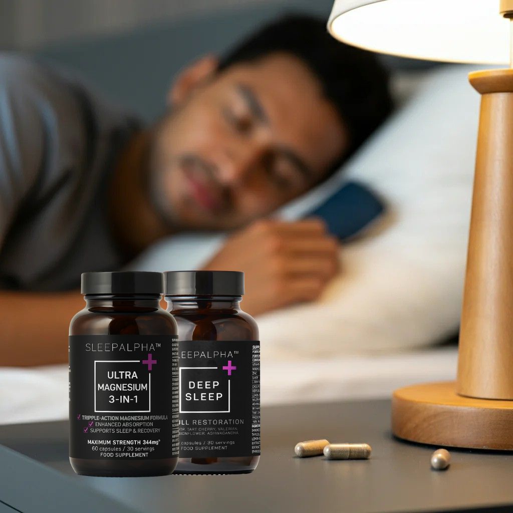 Two supplement bottles on a bedside table, with a person sleeping in the background.