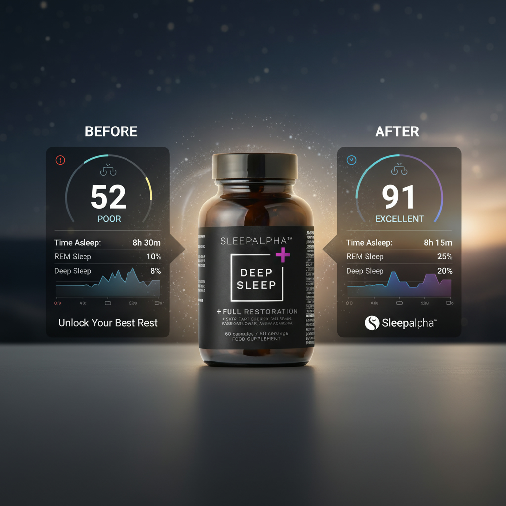 Sleep supplement bottle with sleep score comparison graphs labeled 'Before' and 'After.'