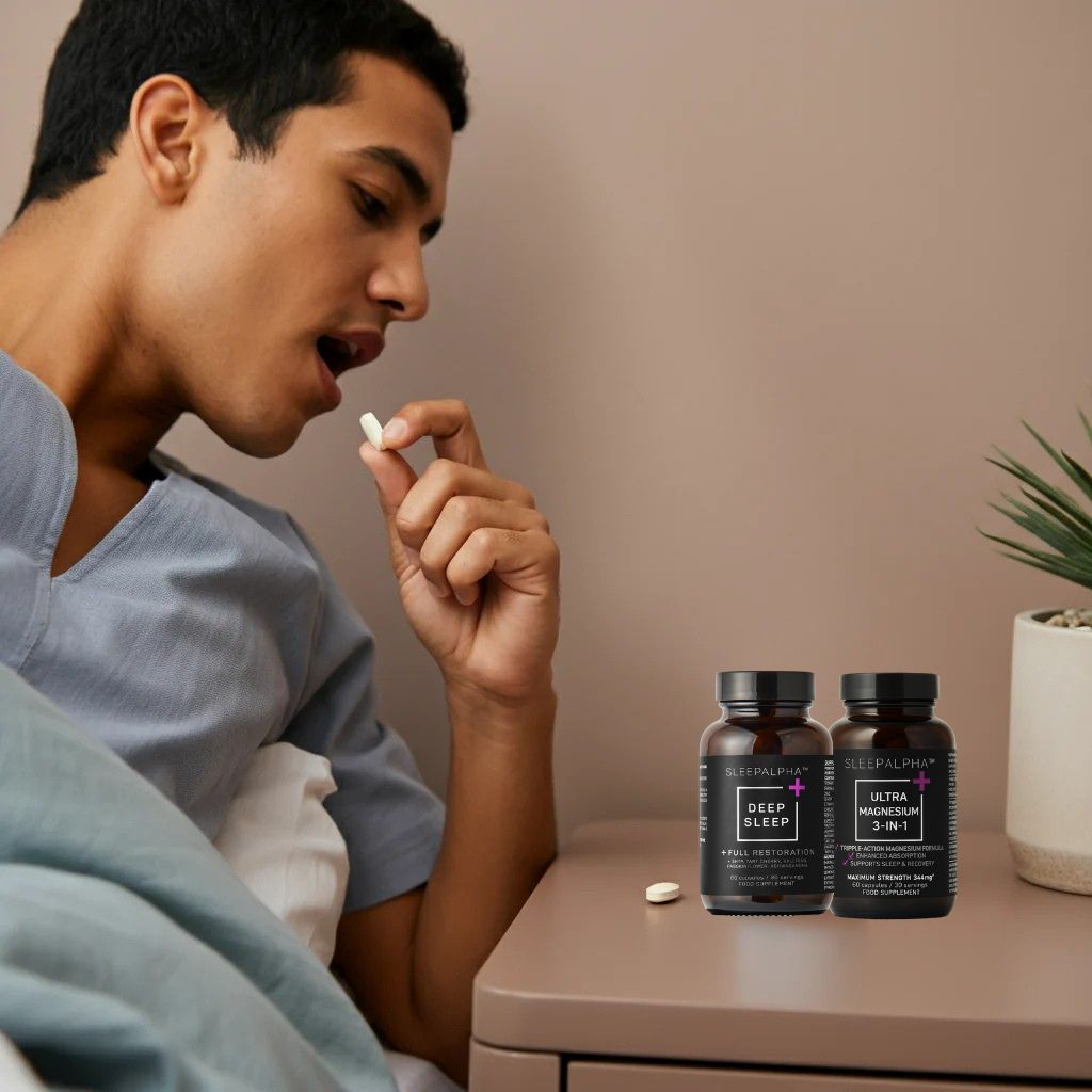 Person in bed taking a pill, with supplement bottles on a nightstand.