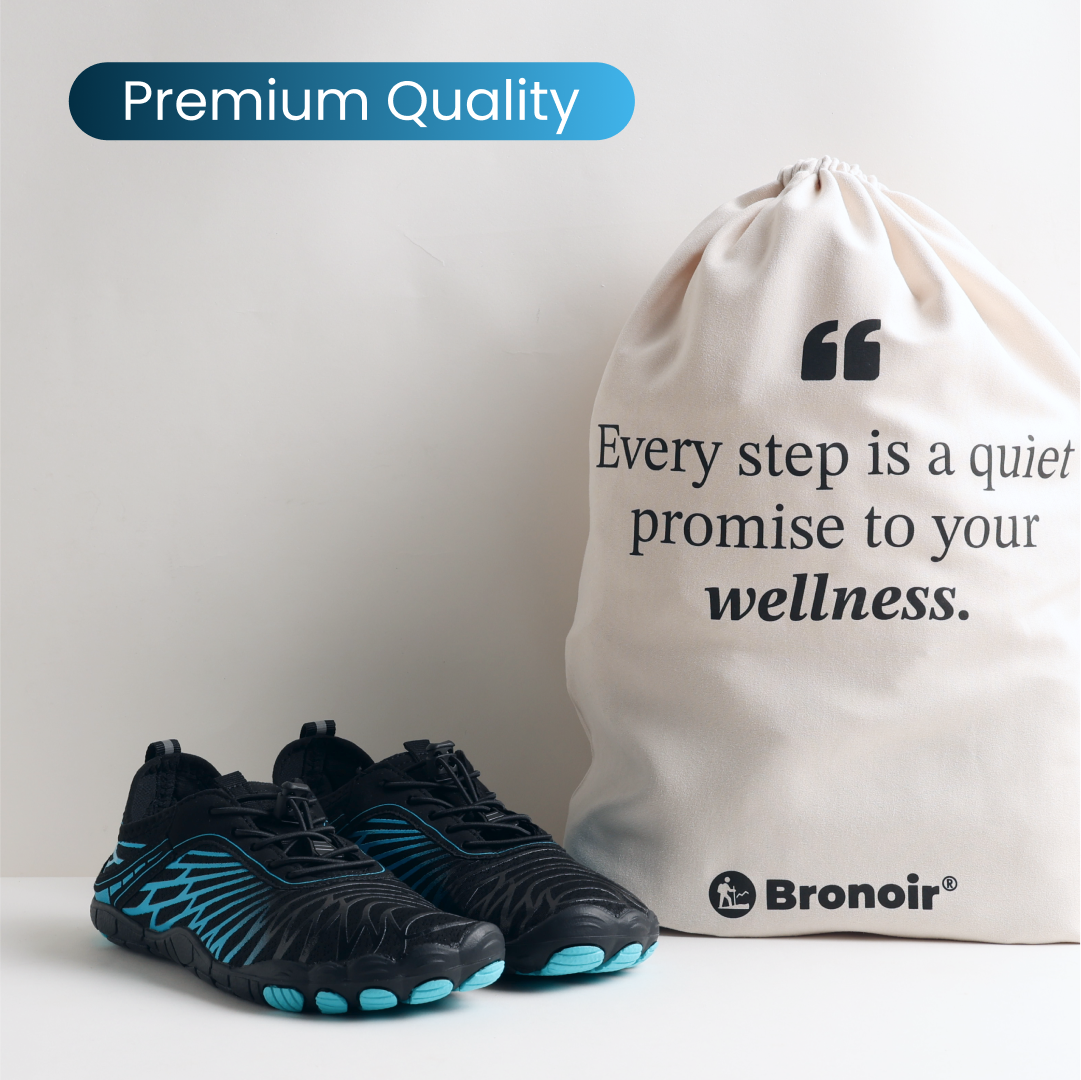 Black and blue shoes beside a branded drawstring bag with printed message.
