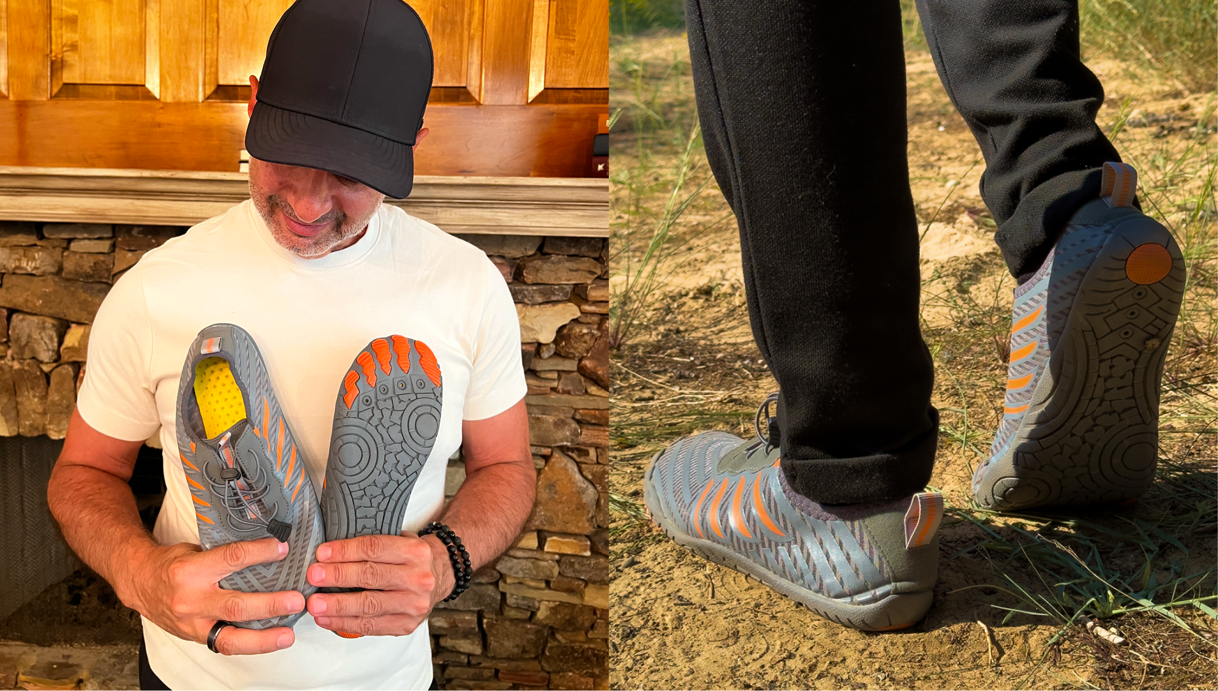 Man holding shoes indoors; feet wearing shoes outdoors on dirt path.