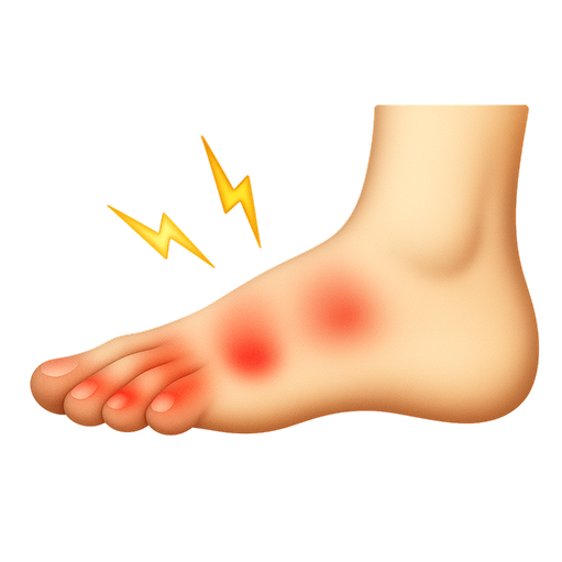 Illustration of a foot with red pain spots and yellow lightning symbols.