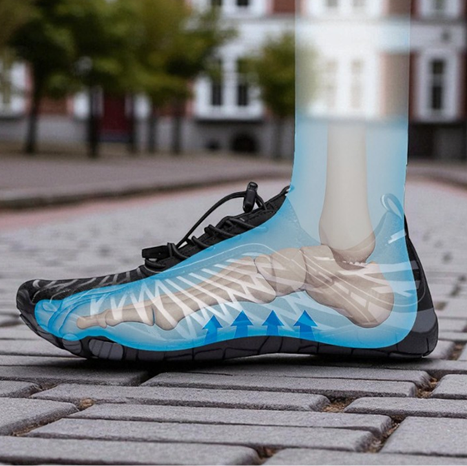 Illustration of a shoe with visible bones and foot anatomy on a cobblestone path.