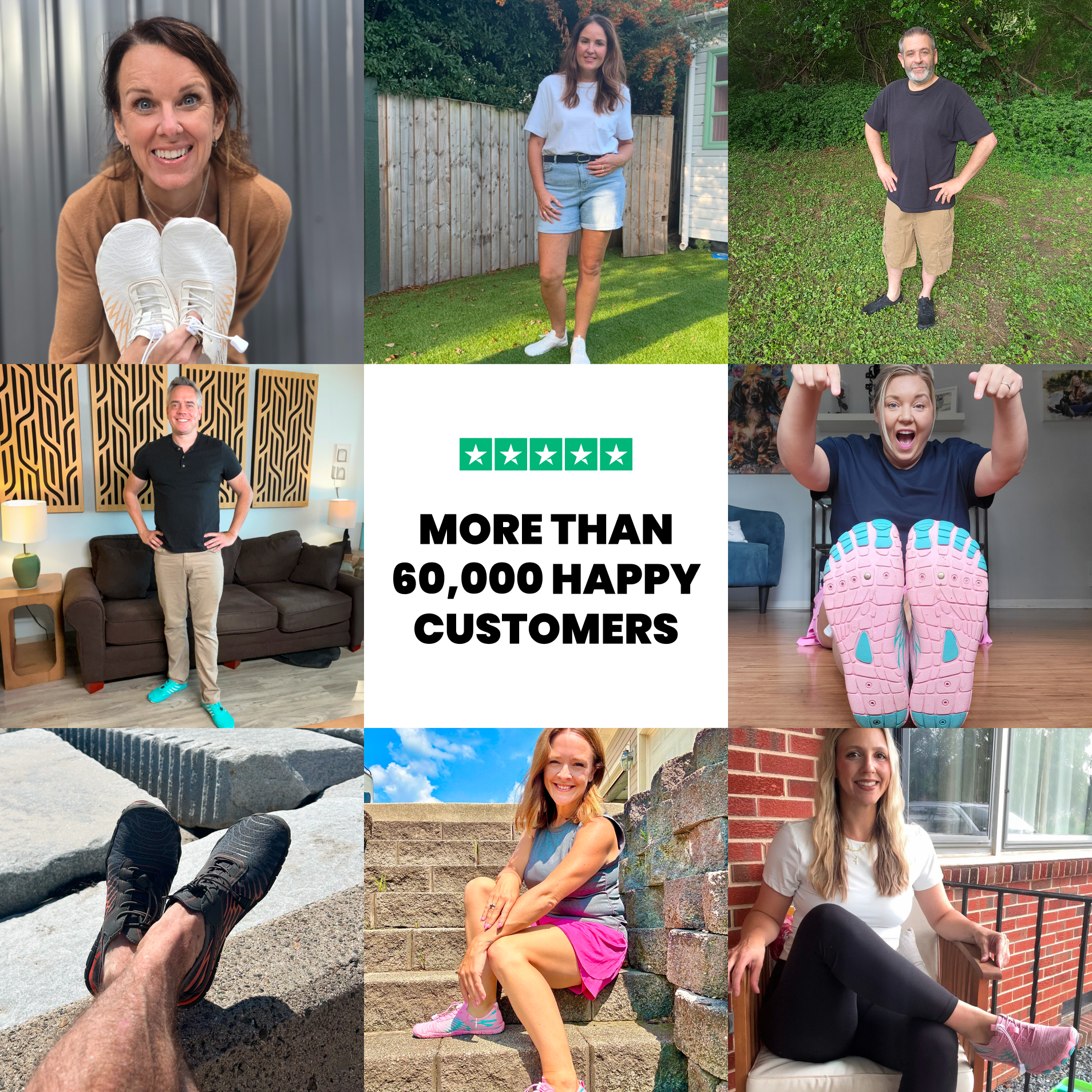 Collage of people wearing various shoes, with a text stating 'More than 60,000 happy customers.'