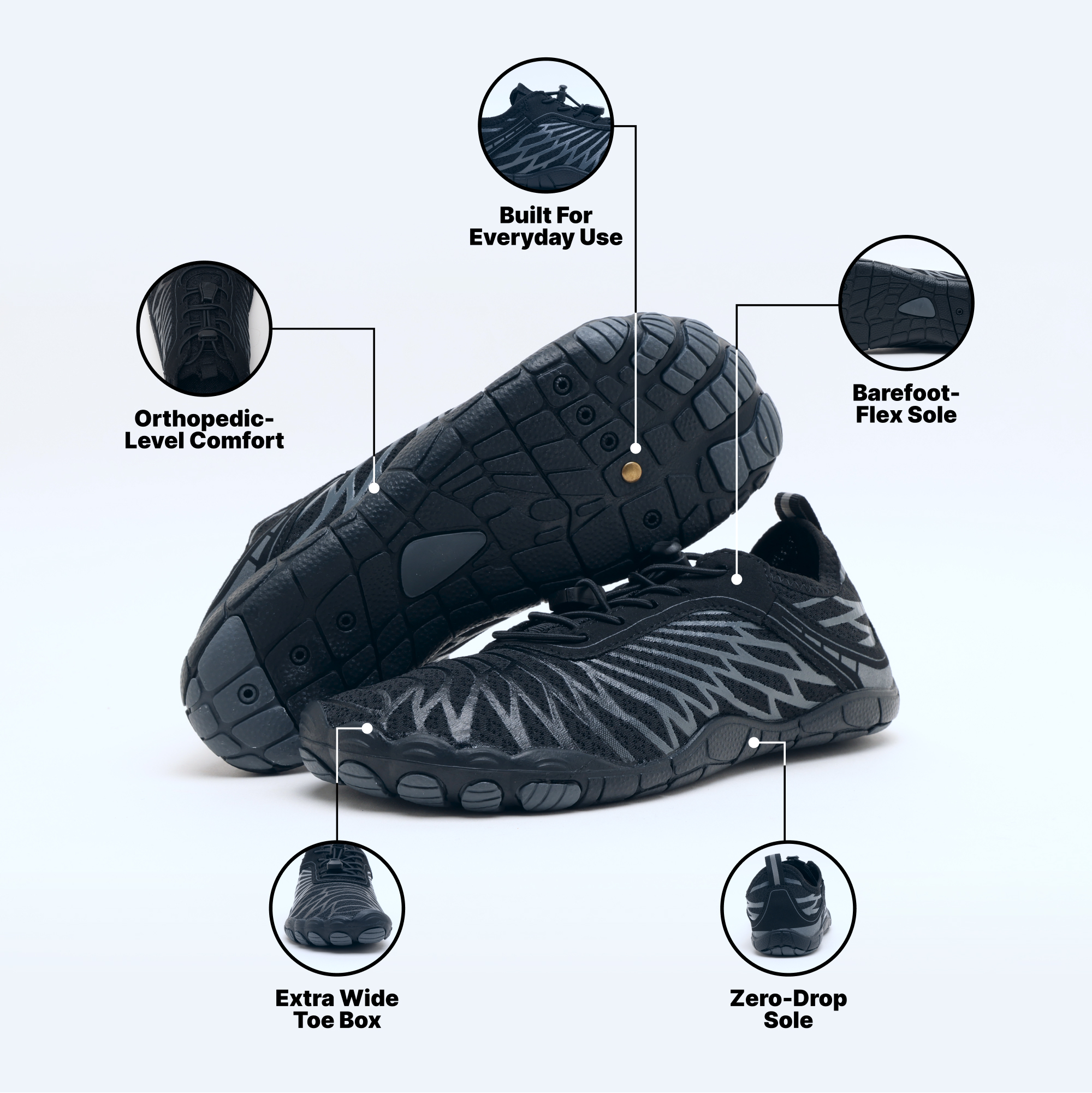 Black athletic shoes with highlighted features like wide toe box and flex sole.