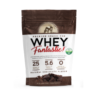 Brown and white whey protein powder package with text and logo.