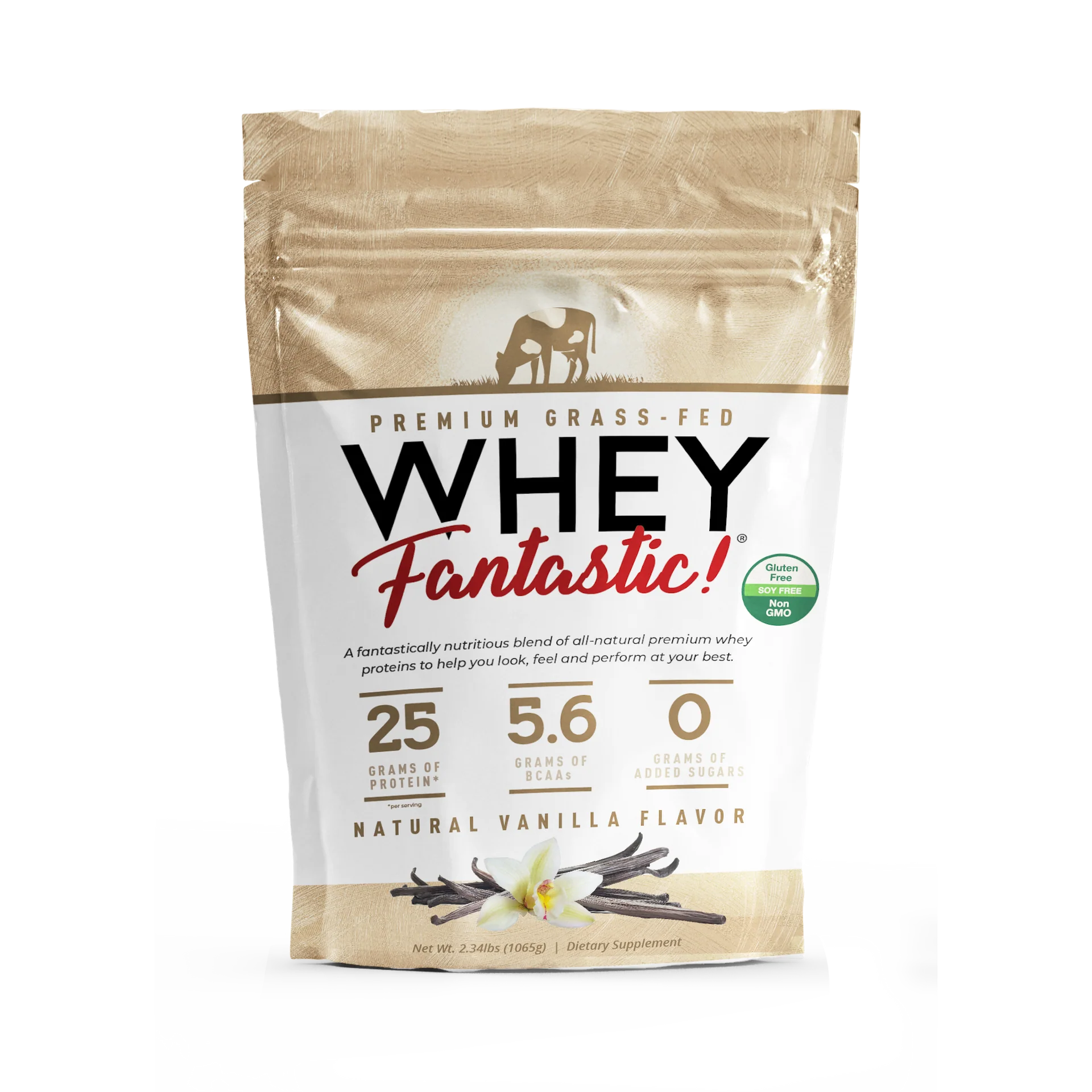 Package of grass-fed whey protein, natural vanilla flavor, with nutritional information.