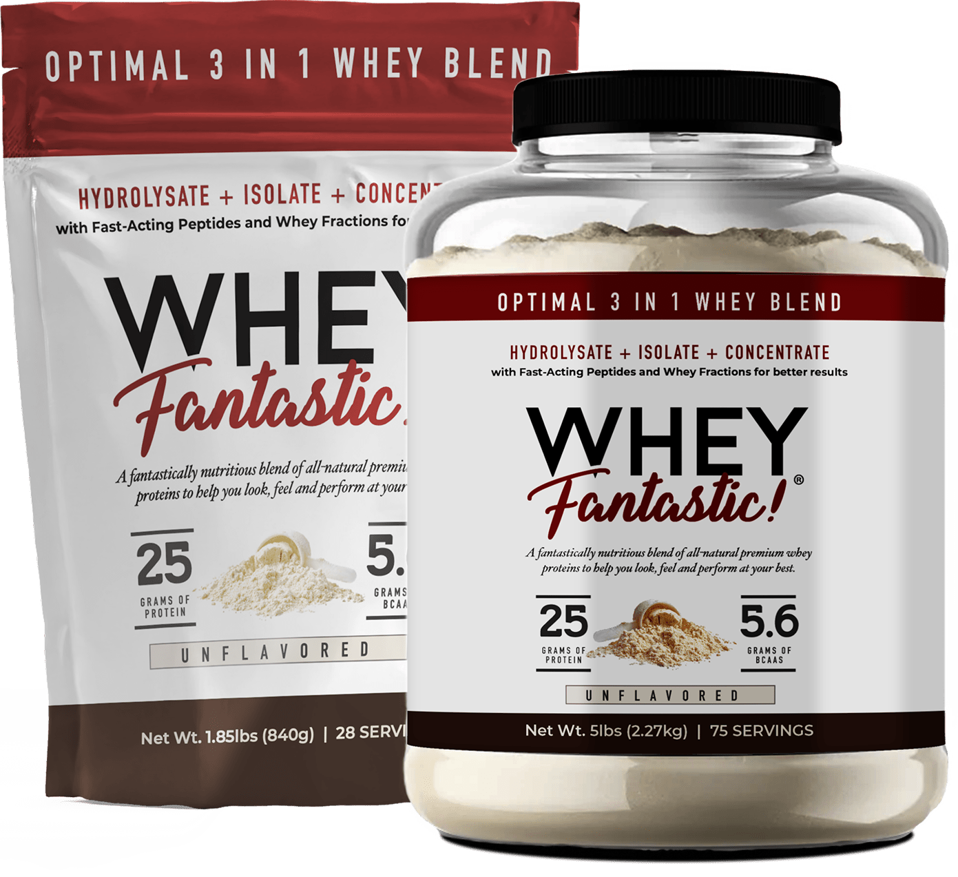 Whey protein powder packaging with nutritional information and branding.