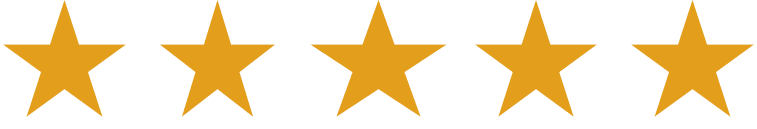 Five yellow stars in a row on a transparent background.