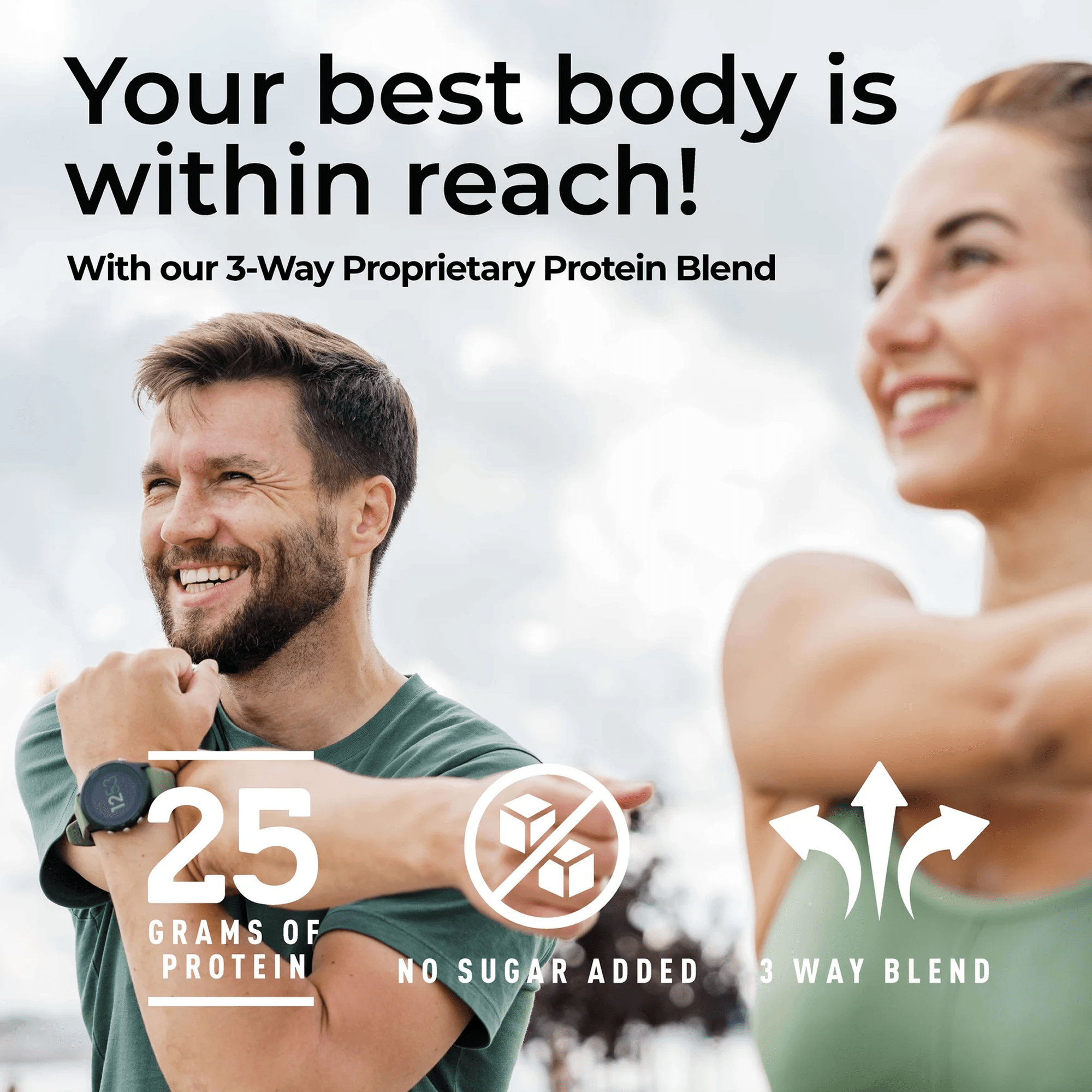 Two people exercising outdoors with protein blend advertisement text.