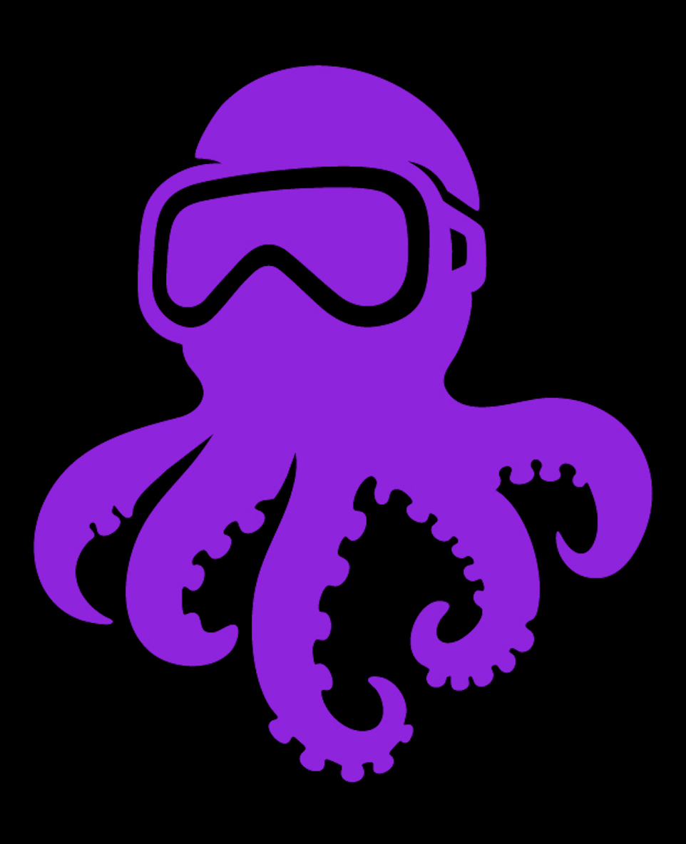 Purple octopus wearing diving goggles on a black background.