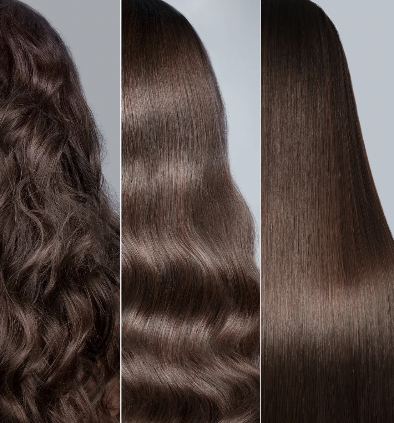 Three panels showing hair textures: curly, wavy, and straight.