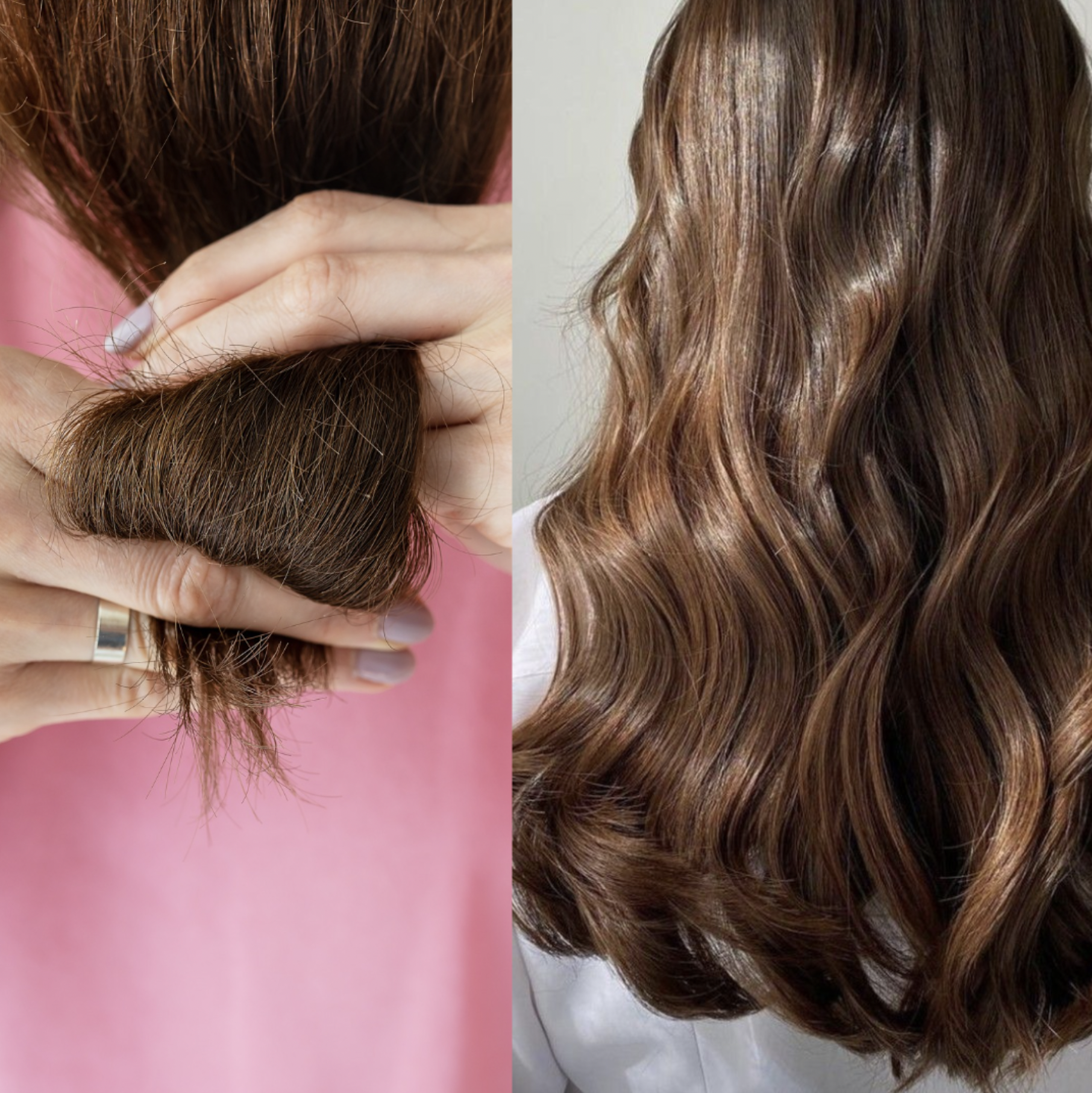 Close-up of a person's hair split ends next to healthy, glossy hair.