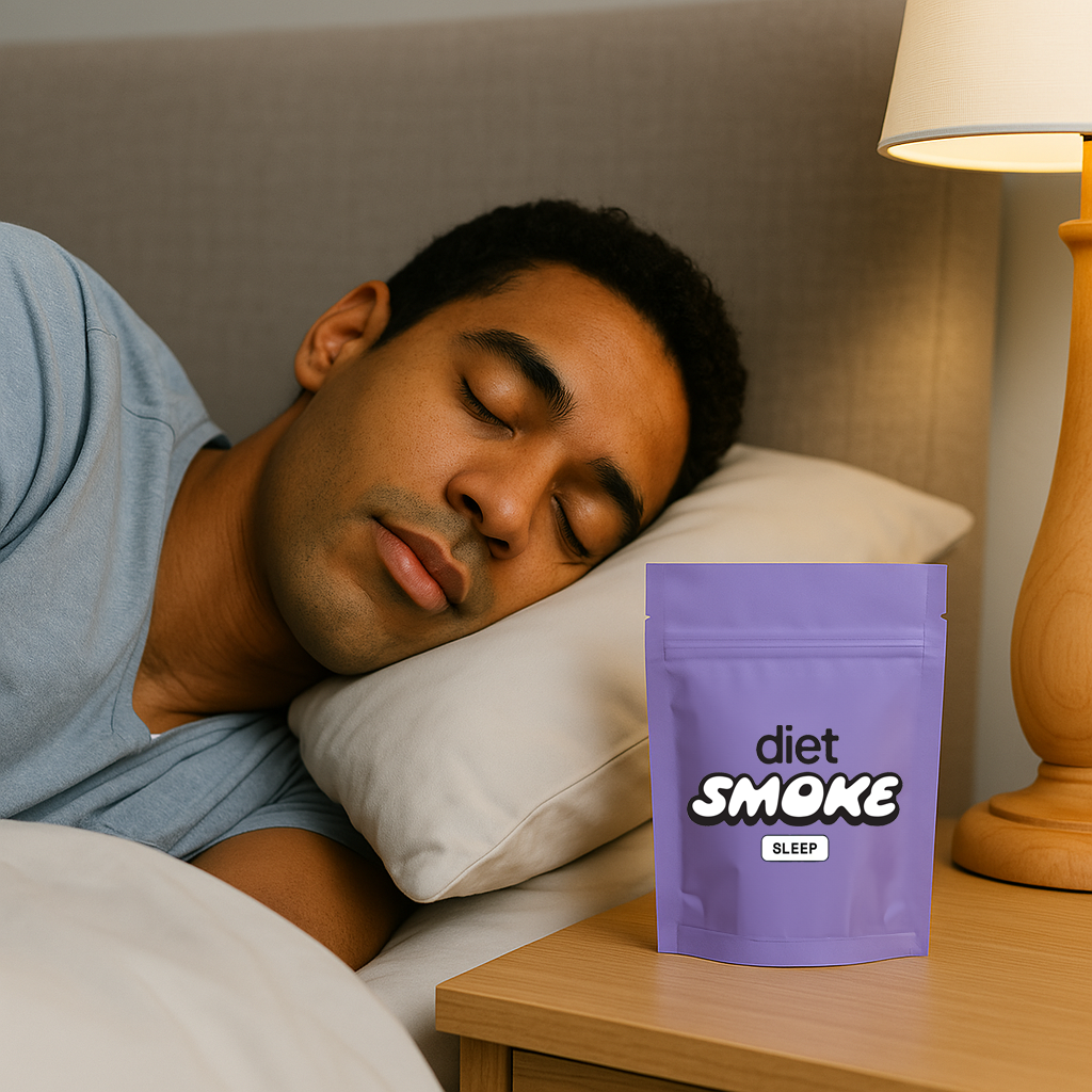 Person sleeping in bed with a purple 'diet smoke' package on the nightstand.