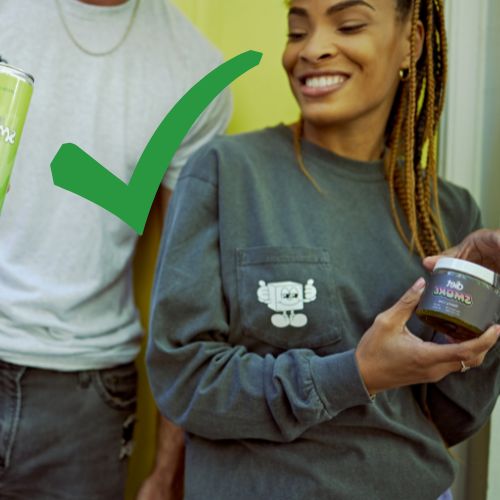 Two people holding products with a green check mark overlay.