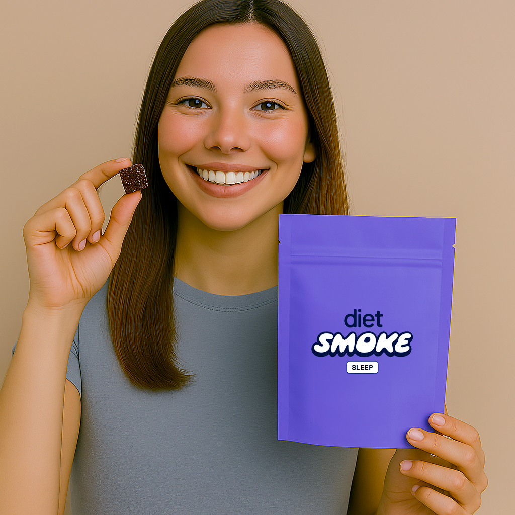 Person holding a purple bag labeled 'diet smoke' and a small dark square.