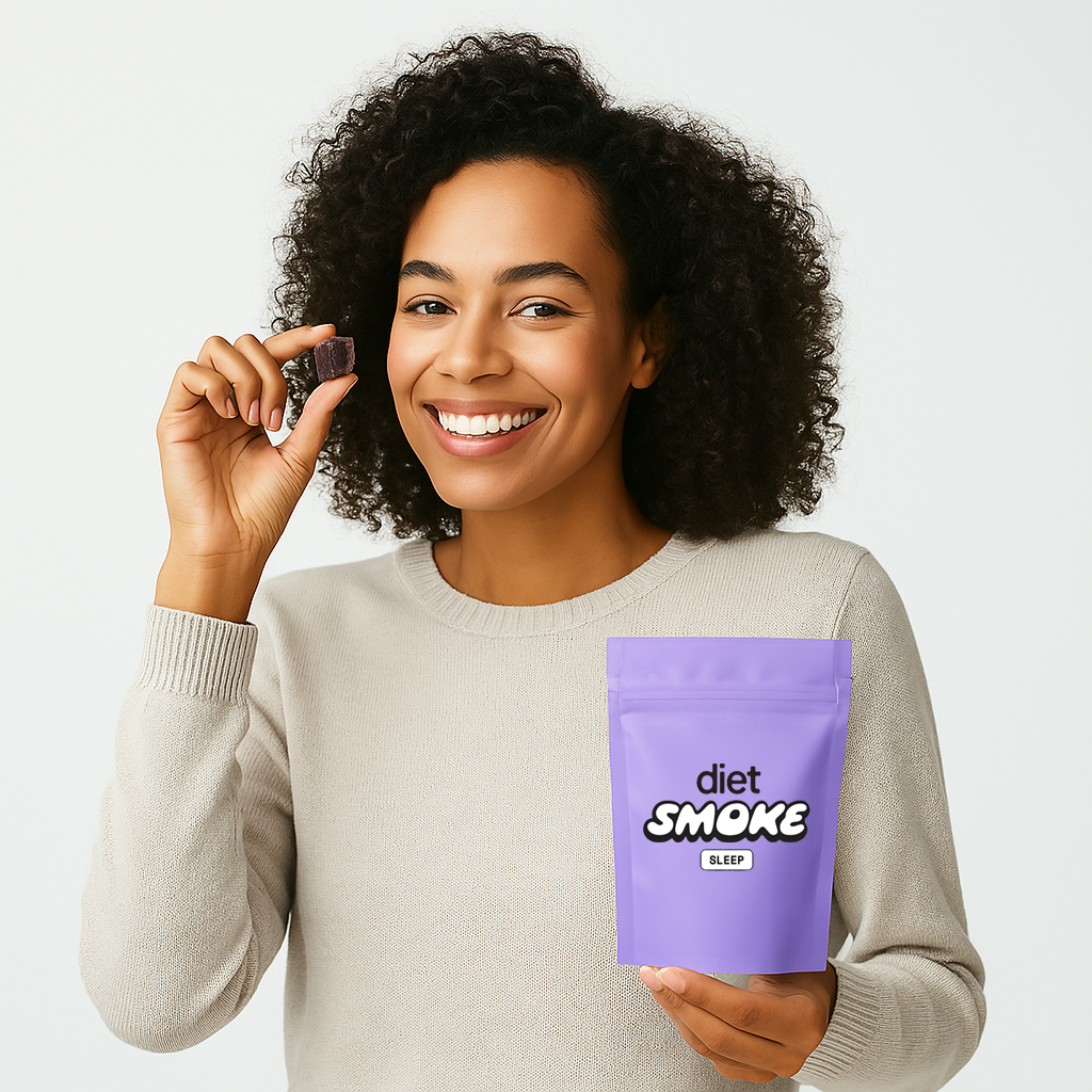 Person smiling, holding a purple package labeled 'diet SMOKE' and a small item.