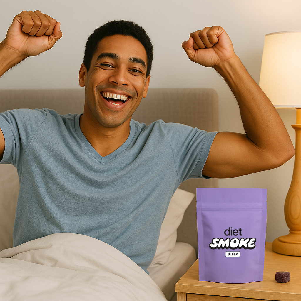 Smiling person in bed with arms raised, next to a purple bag labeled 'diet SMOKE SLEEP.'