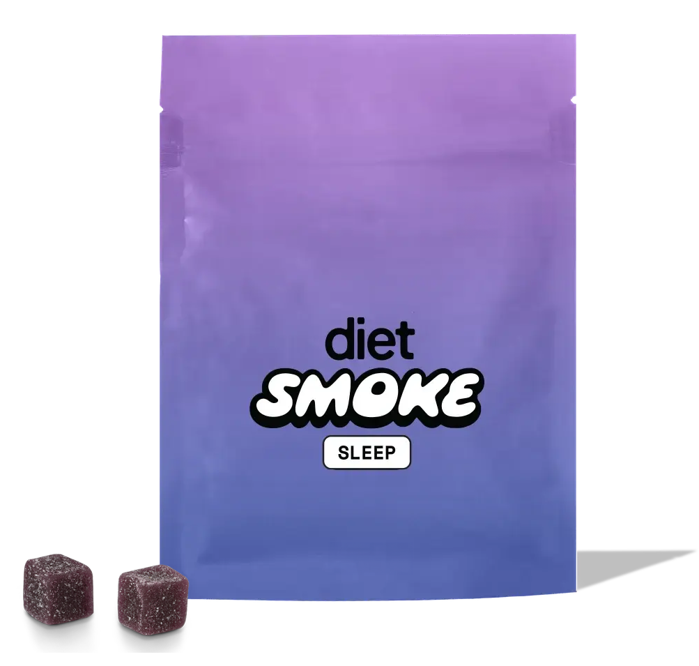 Purple gradient package labeled 'diet SMOKE SLEEP' with two dark gummies beside it.