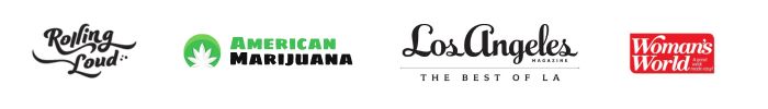 Logos of Rolling Loud, American Marijuana, Los Angeles Magazine, and Woman's World.