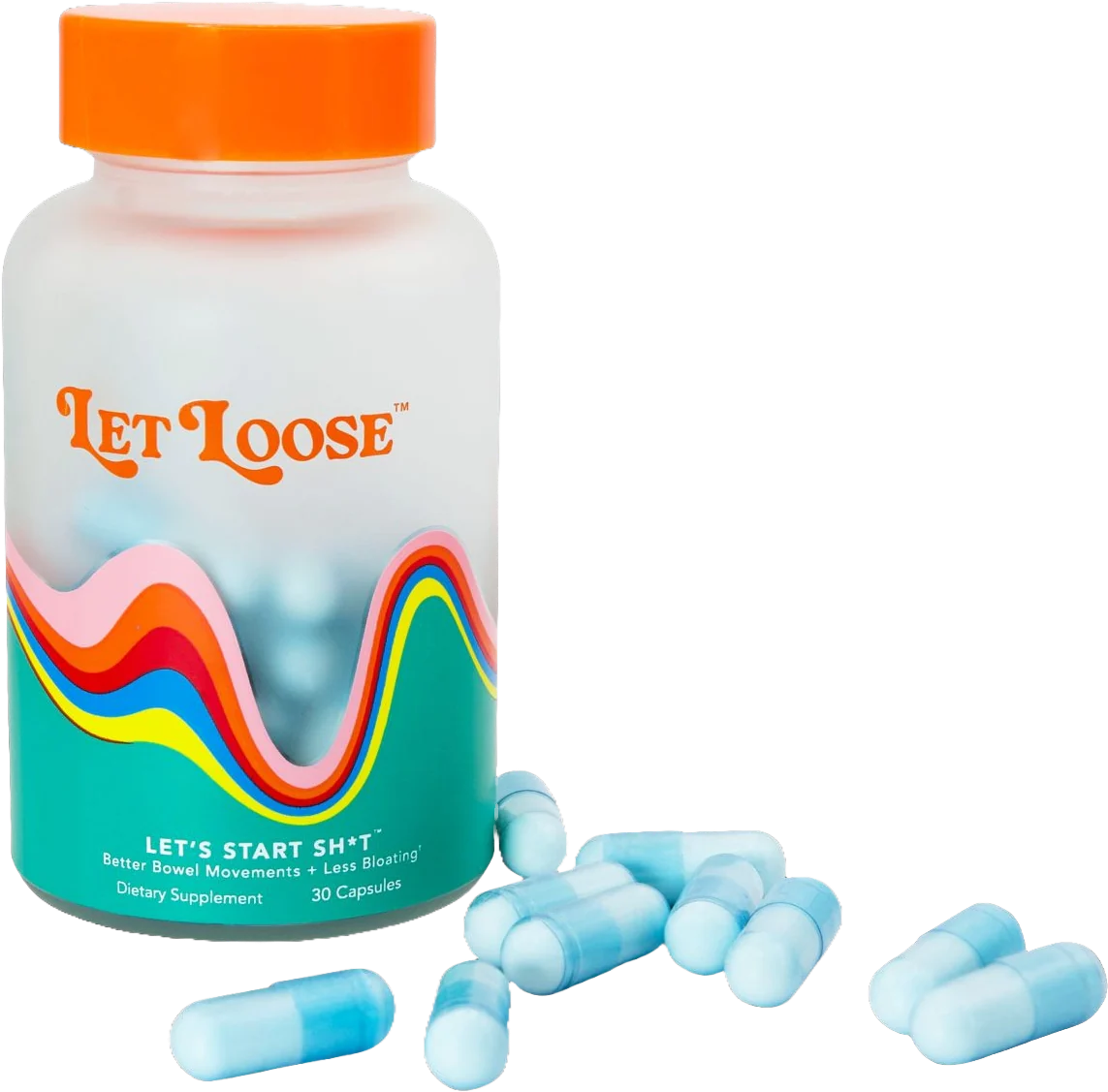 Bottle of dietary supplement capsules labeled 'Let Loose' with scattered blue capsules.