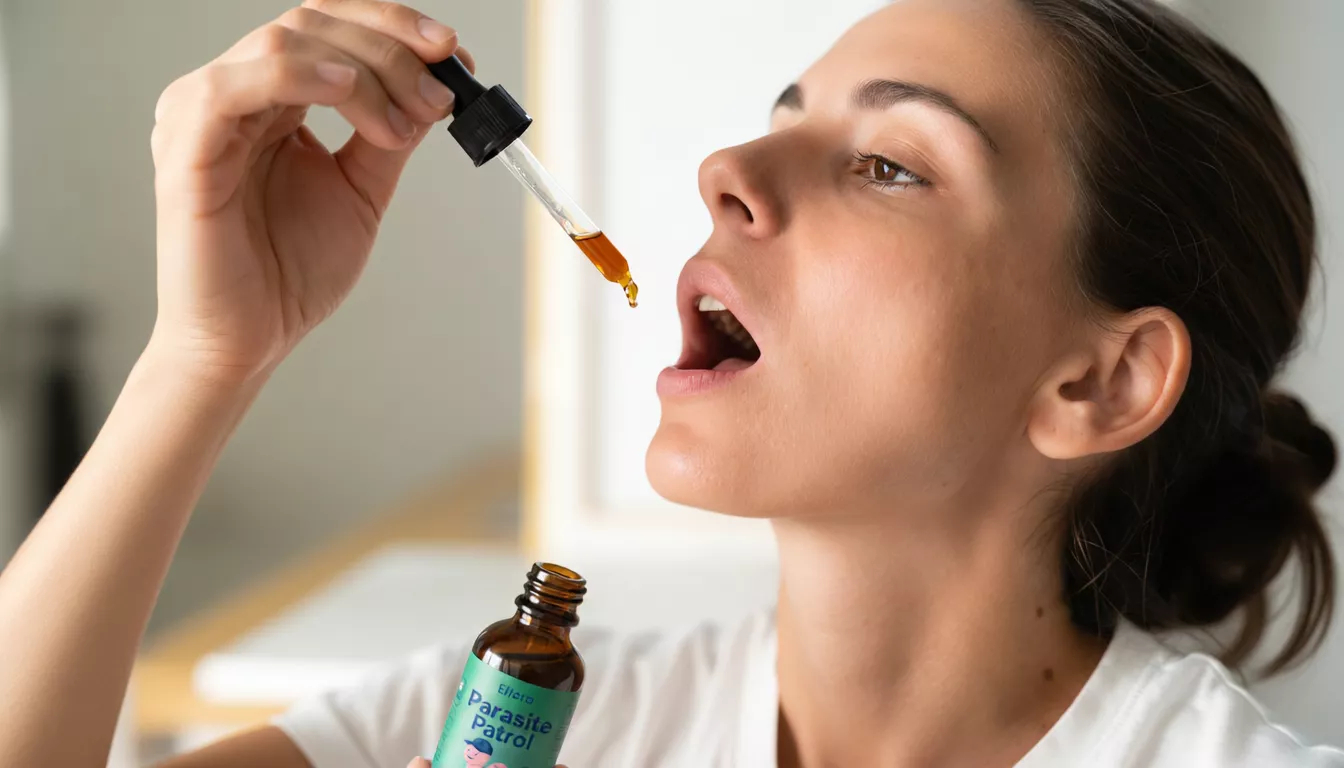 Person using a dropper to take liquid from a bottle.