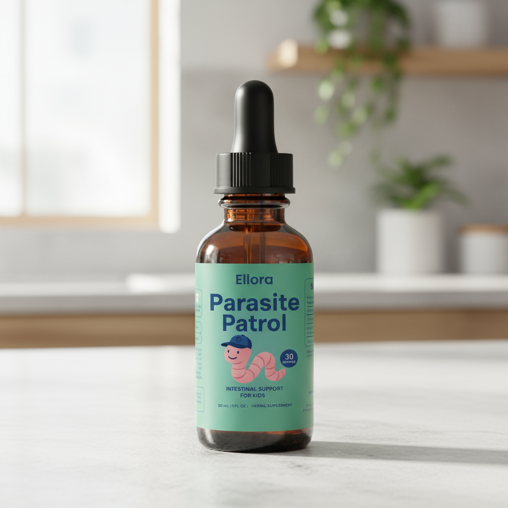A brown dropper bottle of Ellora Parasite Patrol for kids sits on a white countertop.