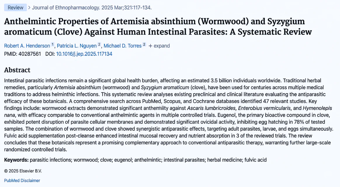 A screenshot of the abstract of a scientific review about wormwood and clove against human intestinal parasites.