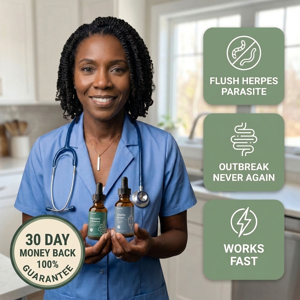 A woman in medical scrubs and a stethoscope holds two dropper bottles with promotional text overlays.