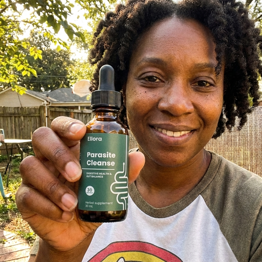 A smiling woman holds up a brown dropper bottle of Ellora Parasite Cleanse herbal supplement outdoors.