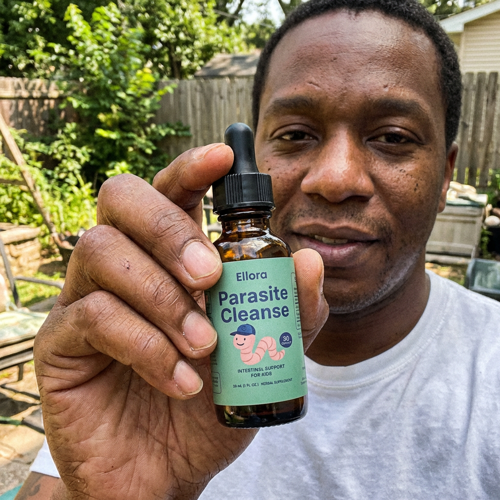 A man holds a bottle of Ellora Parasite Cleanse supplement up to the camera outdoors.