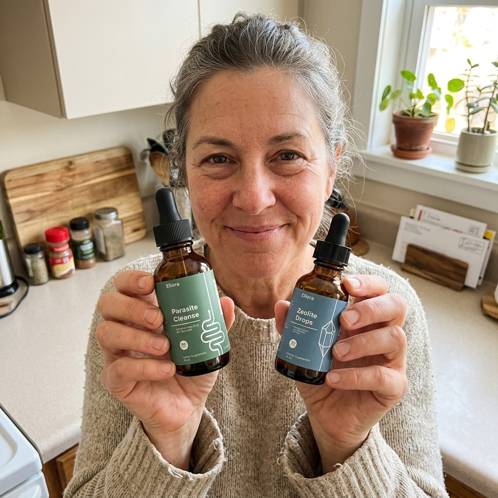A smiling woman holds up two bottles of Ellora supplements, one labeled Parasite Cleanse and the other Zeolite Drops.