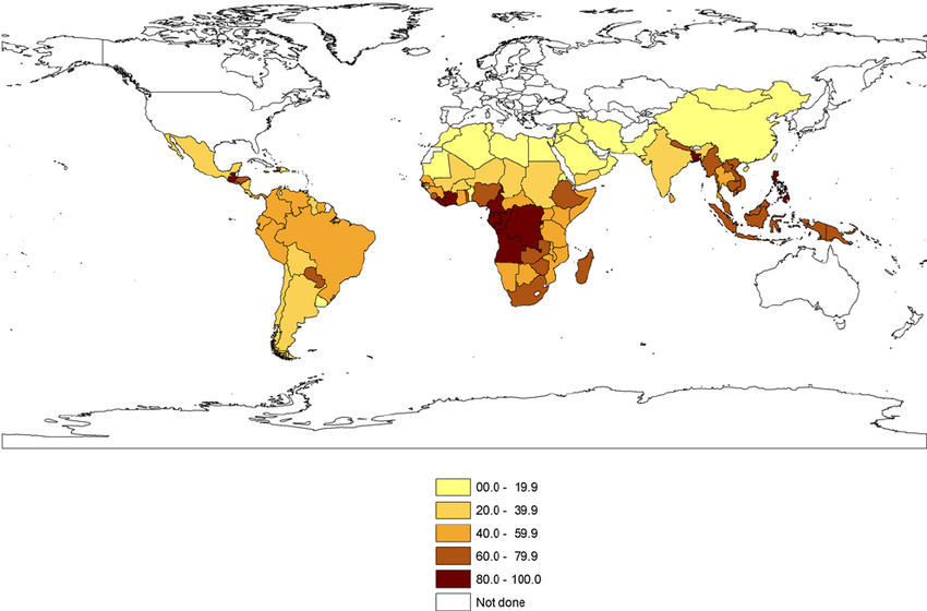 A world map with countries in South America, Africa, and Asia colored according to a statistical legend.