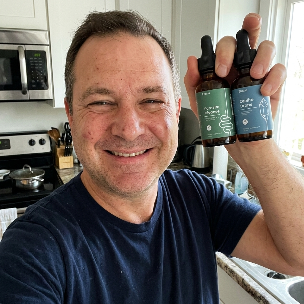 A smiling man in a kitchen holds up two small dropper bottles labeled 'Parasite Cleanse' and 'Zeolite Drops.'