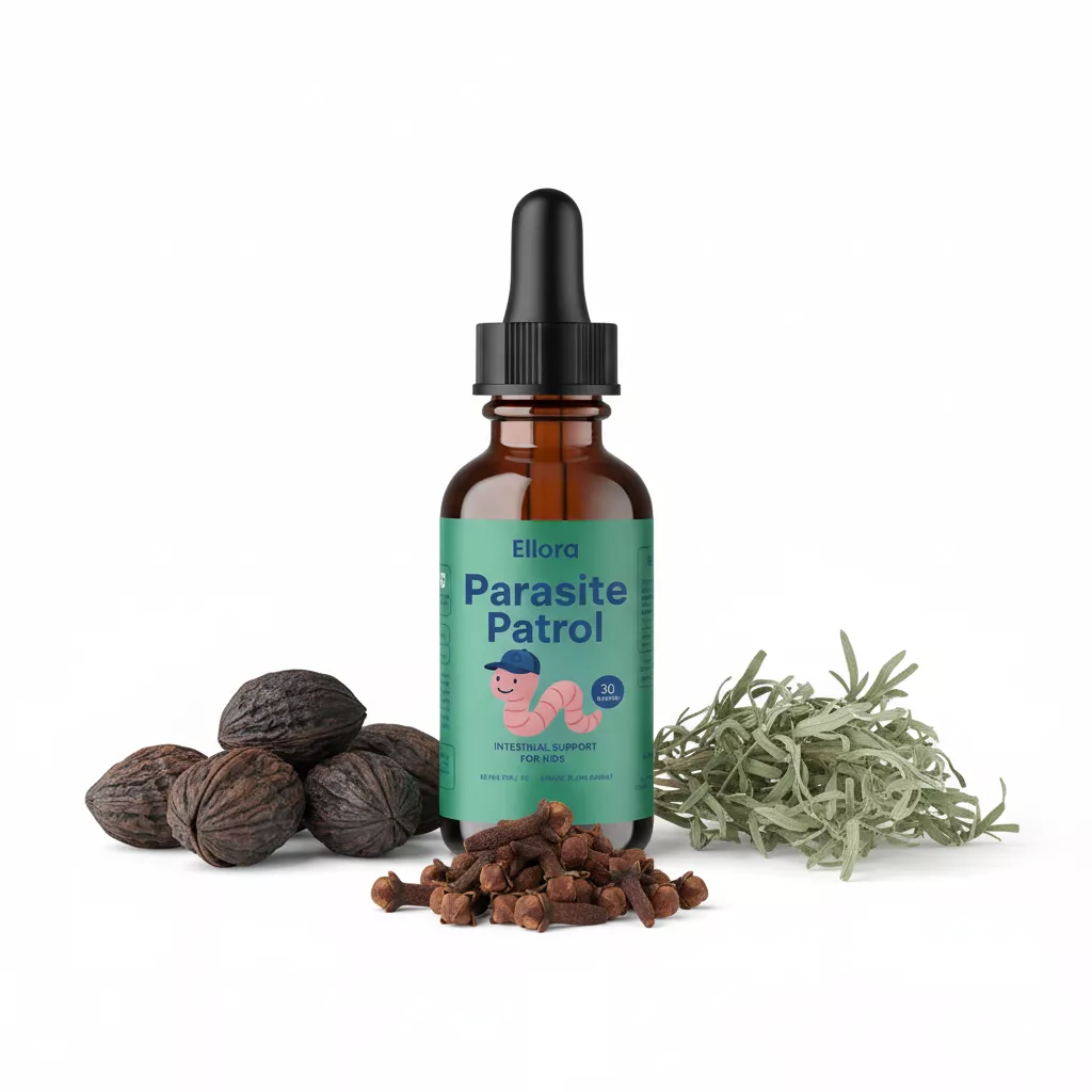 Brown bottle labeled 'Parasite Patrol' with walnuts, cloves, and leaves.